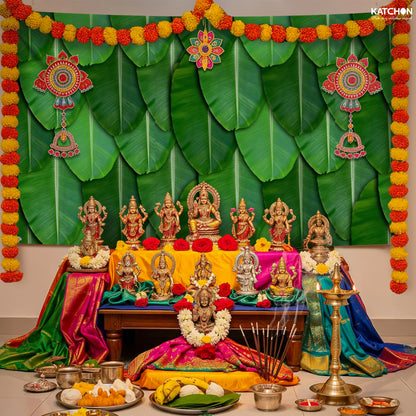 KatchOn, Indian Pooja Backdrop Decoration - 7.5X5 Feets | Green Banana Leaf for Traditional Festival, Pooja, Party Decorations, Photo Booth Props, Mehndi, Photography, Navratri, Diwali Backdrop