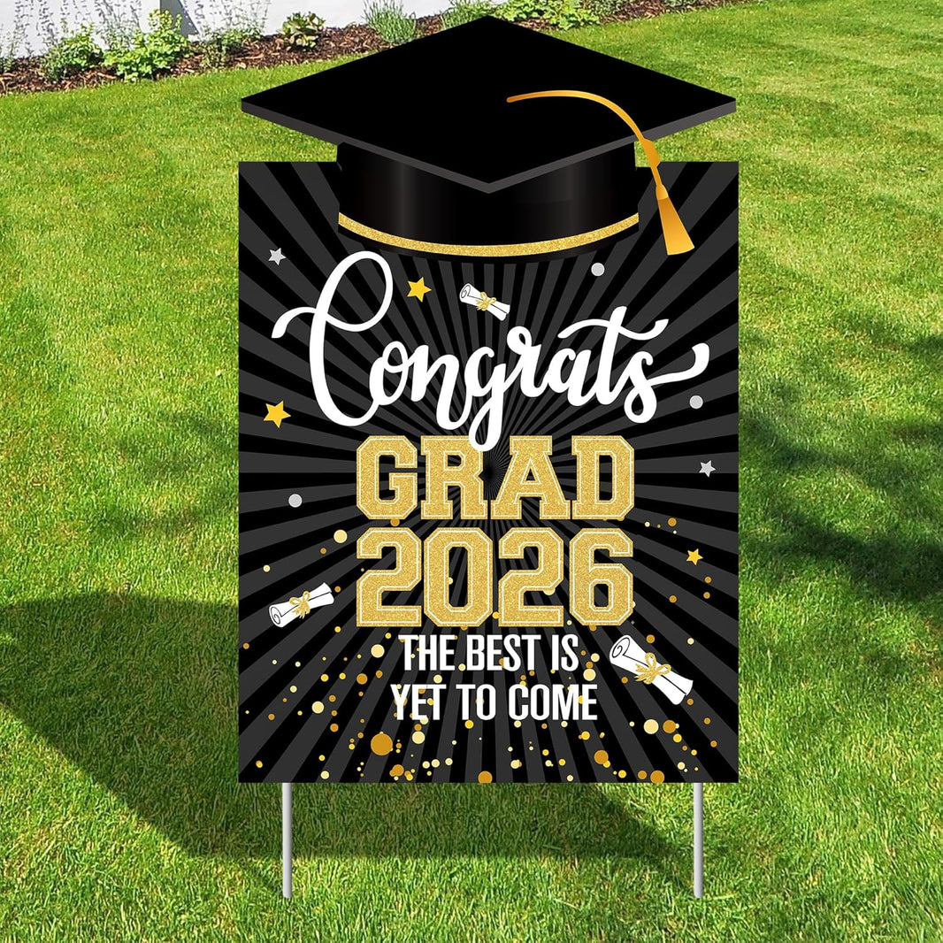 Graduation Decorations 2026 | Graduation Yard Signs Class Of 2026-16x10 Inches | Black And Gold Congrats Grad Yard Sign | Graduation Lawn Signs for Black And Gold,Congrats Grad Decorations, Katchon
