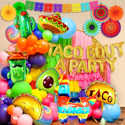 KatchOn, Taco Bout A Party Decorations - Big Set of 28 | Felt Mexican Banner for Fiesta Party Decorations | Taco Balloons, Fiesta Balloons for Taco Party Decorations | Cactus Balloons, Llama Balloons