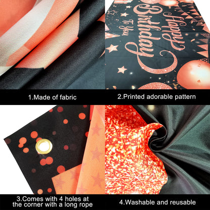 KatchOn, XtraLarge Rose Gold Happy Birthday Banner - 72x44 Inch | Black and Rose Gold Happy Birthday Decorations for Women | Rose Gold Party Decorations, Bday Backdrop for Girls