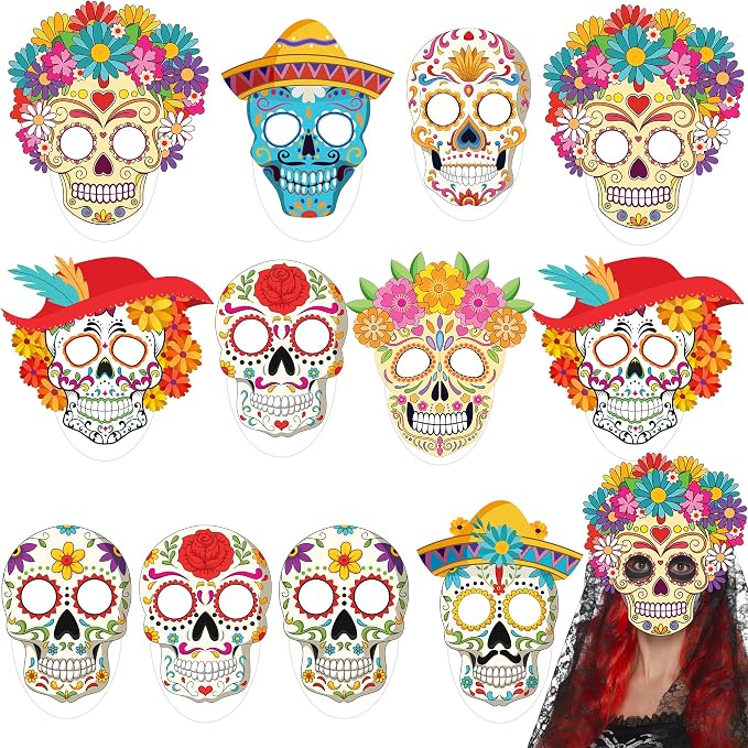 KatchOn, Halloween Face Mask, Pack of 12 | Halloween Party Supplies, Dia De Los Muertos Decorations | Sugar Skull Mask for Day of the Dead Party Decorations | Sugar Skull Decor Dia De Los Muertos Mask