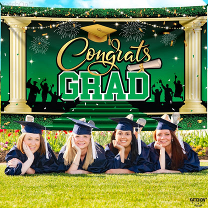 KatchOn, XtraLarge Green Congrats Grad Banner - 72x44 Inch, 2026 Graduation Backdrop | Grad Decorations Class of 2026 Green and Gold for Grad Party Decorations, Graduation Decorations 2026