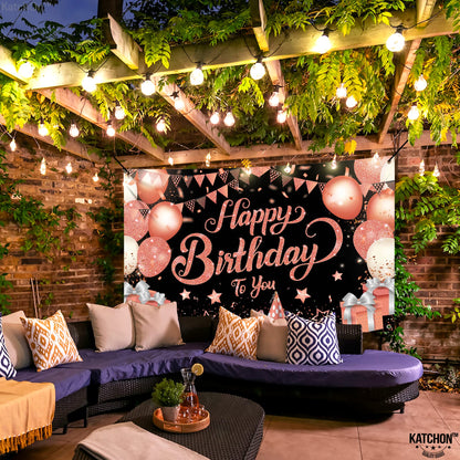 KatchOn, XtraLarge Rose Gold Happy Birthday Banner - 72x44 Inch | Black and Rose Gold Happy Birthday Decorations for Women | Rose Gold Party Decorations, Bday Backdrop for Girls