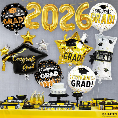 Graduation Decorations 2026 Graduation Balloons Set - Pack of 11 | Big, 28 Inch, Grad Cap Balloon | Gold 2026 Balloons, Class of 2026 Decorations | Congrats Grad Balloon | KatchOn