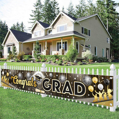 KatchOn, XtraLarge Congrats Grad Banner - 120x20 Inch | Disco Graduation Backdrop 2026, Black and Gold Graduation Decorations 2026 | Graduation Banner, Graduation Decorations Class of 2026