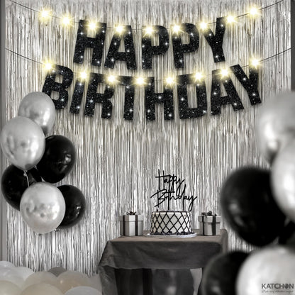 KatchOn, Black and Silver Birthday Decorations Set - Pack of 5 | Glitter Happy Birthday Banner, Silver Backdrop, Led Light, Cake Topper | Happy Birthday Decorations for Men | Halloween Decorations