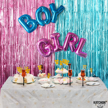 KatchOn, Large Pink and Blue Foil Fringe - 3.25x8 Feet, Pack of 2 | Girl or Boy Gender Reveal Decorations | Gender Reveal Backdrop | Gender Reveal Party Favors | Boy or Girl Backdrop