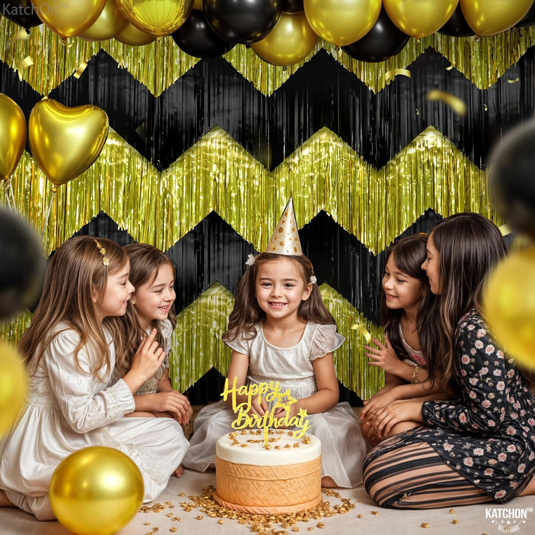 KatchOn, XtraLarge Black and Gold Fringe Backdrop Curtain - 6.6x1.7 Feet, Pack of 6 | Graduation Party Supplies 2026, Graduation Decorations 2026 | Fringe Curtain for Birthday Decorations