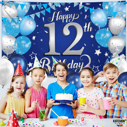KatchOn, Blue Happy 12th Birthday Banner - 72x44 Inch, Big | Blue and Silver Happy Birthday Backdrop | Birthday Decorations for Men | Happy Bday Banner for 12th Birthday Party Decorations