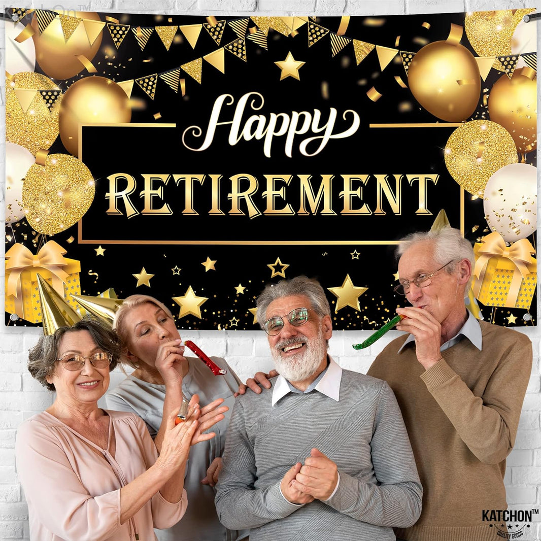 KatchOn, Happy Retirement Banner Black and Gold - XtraLarge 72x44 Inch | Happy Retirement Decorations for Men, Happy Retirement Backdrop | Retirement Party Decorations Men, Retirement Banner for Women