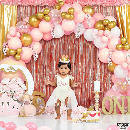 KatchOn, Rose Gold Fringe Curtain - XtraLarge 8x3.2 Feet, Pack of 3 | Rose Gold Backdrop for Birthday Party | Rose Gold Party Decorations | Rose Gold Tinsel Backdrop for Bachelorette Party Decorations