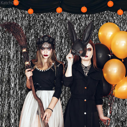 KatchOn, XtraLarge Wave Black Backdrop Curtain - 3.2x6.5 Feet, Pack of 2 | Black Streamers Party Decorations | Black Birthday Decorations, Black Backdrop for Parties | Graduation Decorations 2024