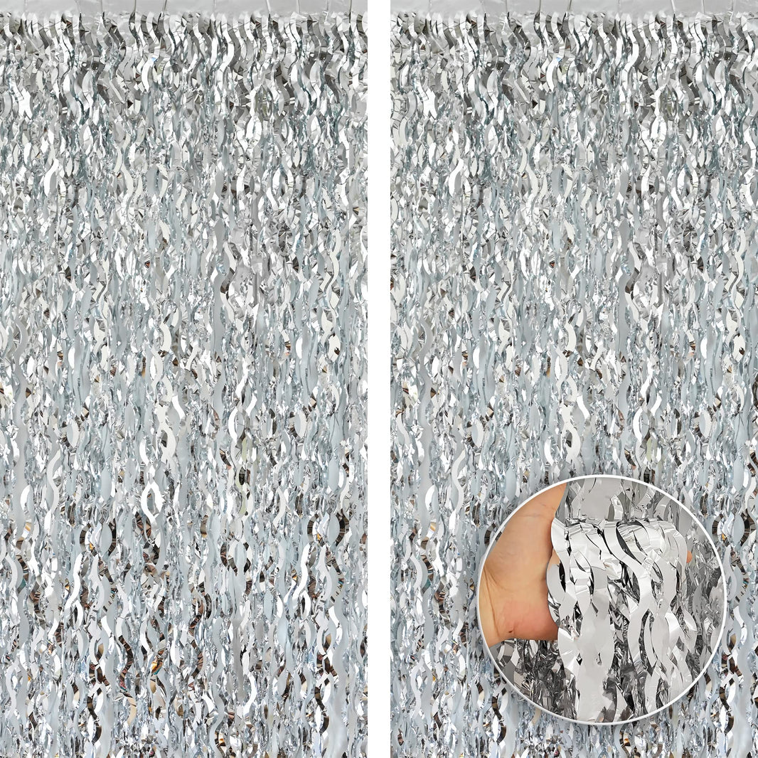 KatchOn, XtraLarge Wavy Silver Backdrop Curtain - Pack of 2 |  Silver Streamers Backdrop for Disco Party Decorations  | Fringe Curtains for Engagement, 25th Anniversary, 25th Birthday Decorations