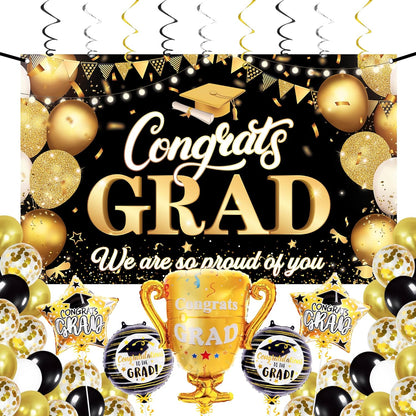 KatchOn, Graduation Decorations 2026 Set - Large, Pack of 49 | Black and Gold Congrats Grad Banner, Graduation Balloons | Graduation Backdrop, Black and Gold 2026 Graduation Decorations