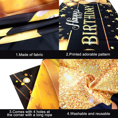 KatchOn, Black and Gold Happy Birthday Banner - XtraLarge, 72x44 Inch | Black and Gold Birthday Banner for Men | Happy Birthday Sign, Happy Birthday Backdrop for Black and Gold Birthday Decorations