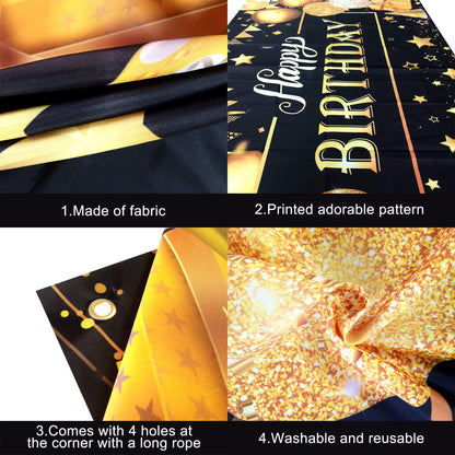 KatchOn, Happy Birthday Banner Black and Gold - Large 72x44 Inch | Happy Birthday Decorations for Men and Women | Black and Gold Birthday Backdrop | Birthday Party Decorations for Men & Women