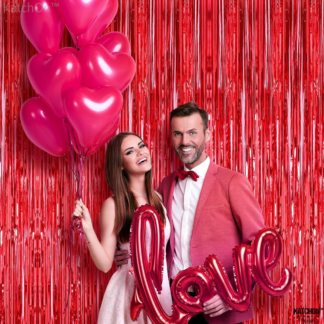 KatchOn, XtraLarge Red Streamers Party Decorations - 6.4x8 Feet, Pack of 2 | Shiny Red Fringe Backdrop for Valentines Day Decorations | Red Backdrop for Valentines Day Backdrop | Red Party Decorations