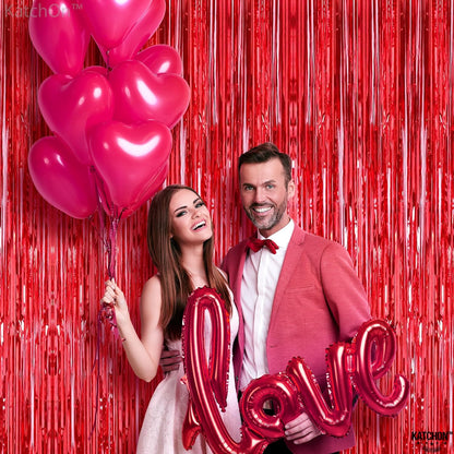 KatchOn, XtraLarge Red Streamers Party Decorations - 6.4x8 Feet, Pack of 2 | Shiny Red Fringe Backdrop for Valentines Day Decorations | Red Backdrop for Valentines Day Backdrop | Red Party Decorations