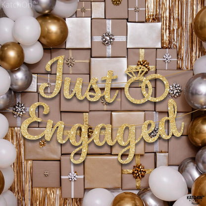 KatchOn, Glitter Gold Just Engaged Banner - 10 Feet, Pre-Strung No DIY | Engagement Banner for Just Engaged Decorations | Engagement Party Decorations | Just Engaged Sign | Engagement Decorations
