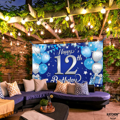 KatchOn, Blue Happy 12th Birthday Banner - 72x44 Inch, Big | Blue and Silver Happy Birthday Backdrop | Birthday Decorations for Men | Happy Bday Banner for 12th Birthday Party Decorations