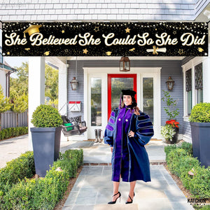 KatchOn, Graduation Decorations 2026 | XtraLarge She Believed She Could So She Did Banner - 120x20 Inch | Black and Gold Graduation Yard Banner for Outdoor Grad Decorations 2026