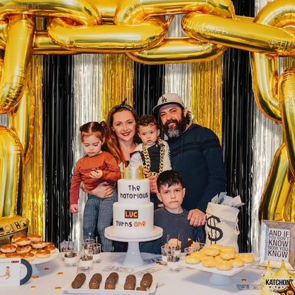 KatchOn, XtraLarge Silver Black and Gold Backdrop - 3.2x8 Ft, Pack of 2 | Black Gold and Silver Party Decorations | Fringe Backdrop for Anniversary, Bachelorette, Engagement, Birthday Decorations