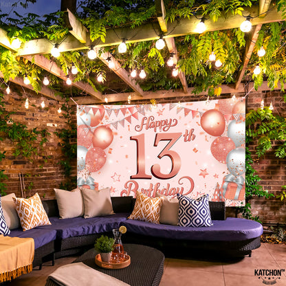 KatchOn Rose Gold Happy 13th Birthday Banner - Large, 72x44 Inch | 13th Birthday Backdrop for Girls' Birthday Decorations