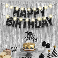 KatchOn, Black and Silver Birthday Decorations Set - Pack of 5 | Glitter Happy Birthday Banner, Silver Backdrop, Led Light, Cake Topper | Happy Birthday Decorations for Men | Halloween Decorations