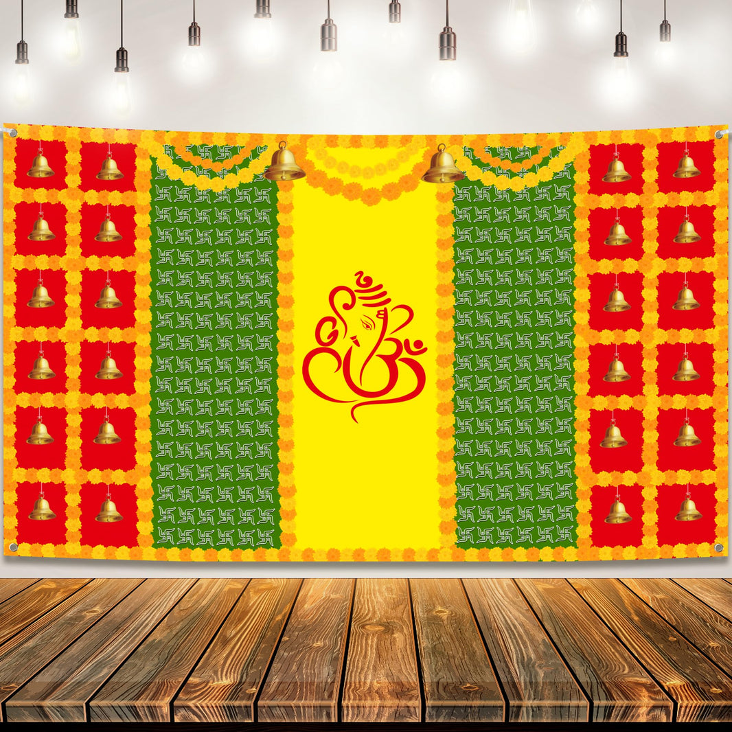 KatchOn, Indian Traditional Pooja Backdrop Decoration Cloth - 7.5×5 Feets | Ganpati Decoration Banner for Festival, Mehndi Photography, Wedding Party, Navratri Backdrop | Gruhapravesam Backdrop