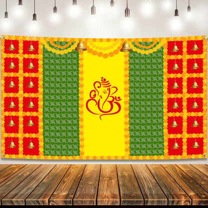 KatchOn, Indian Traditional Pooja Backdrop Decoration Cloth - 7.5×5 Feets | Ganpati Decoration Banner for Festival, Mehndi Photography, Wedding Party, Navratri Backdrop | Gruhapravesam Backdrop