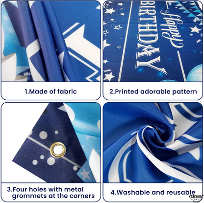 KatchOn, Large, Happy Birthday Banner Blue and Silver - 72x44 Inch | Happy Birthday Wall Banner for Men | Happy Birthday Backdrop for Boys | Happy Birthday Blue Banner, Blue Happy Birthday Decorations