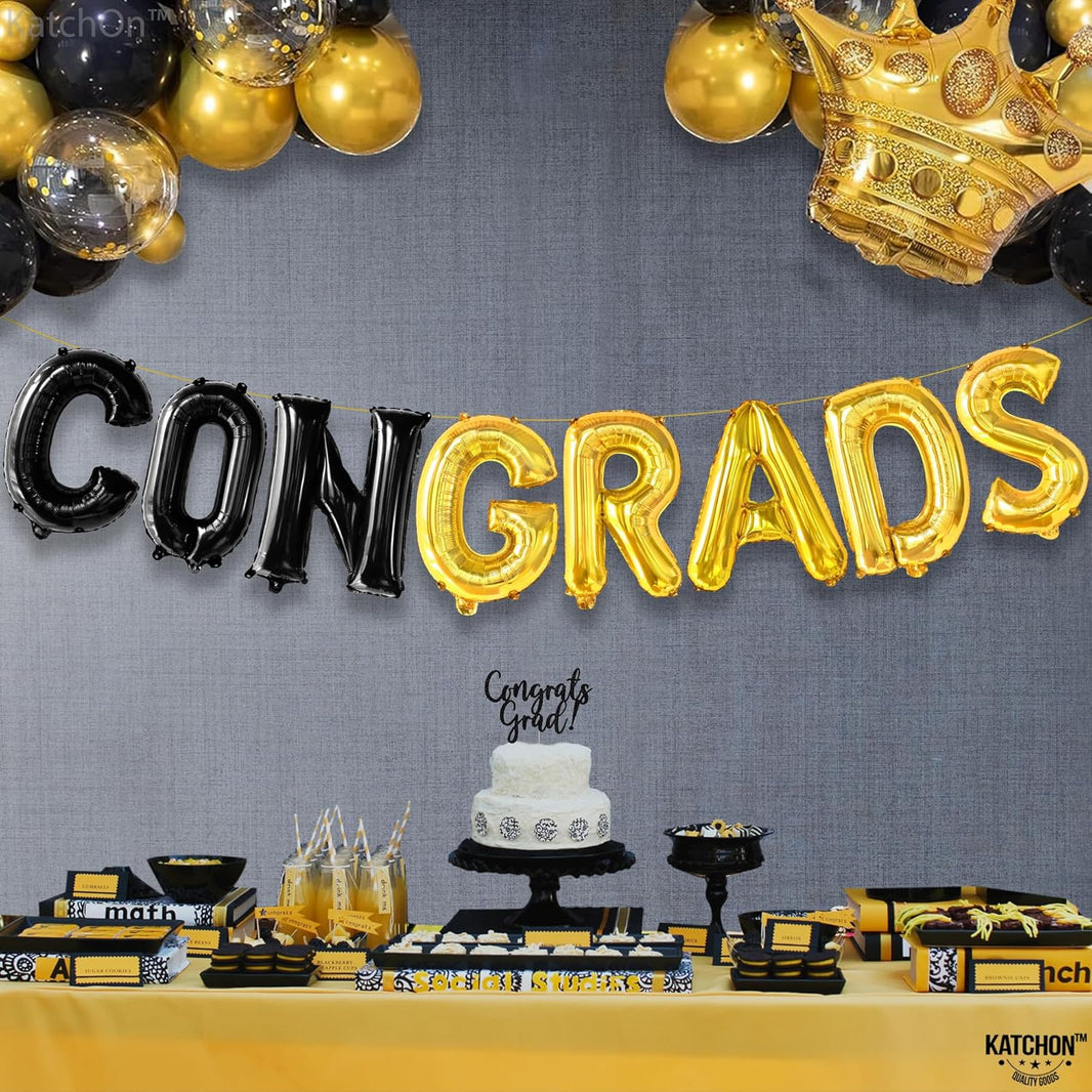 Black and Gold Congrats Balloons - 16 Inch, Graduation Balloons | Congrats Grad Foil Balloons for Graduation Decorations 2026 | Black and Gold Graduation Decorations | Congrats Grad Banner - KatchOn