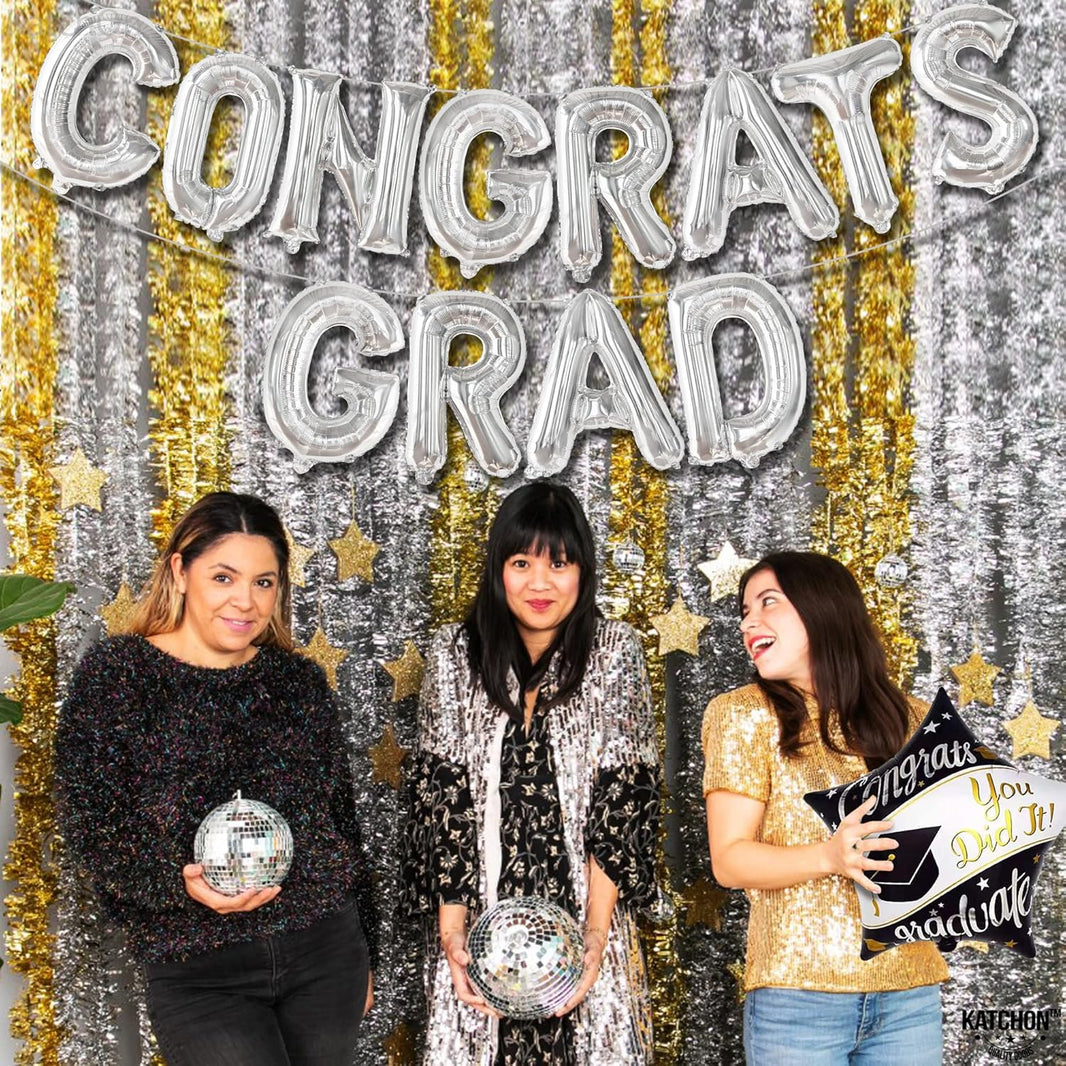 Graduation Decorations 2026 | Congrats Grad Balloons - 16 Inch | Silver Congrats Grad Banner | Congratulations Banner For 2026 Graduation Decorations | Silver Graduation Balloons, KatchOn