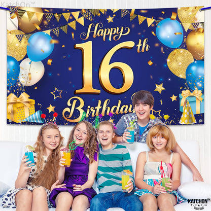 KatchOn, XtraLarge Blue and Gold Happy 16th Birthday Banner - 72x44 Inch | 16th Backdrop for Happy Birthday Decorations | Blue and Gold Party Decorations