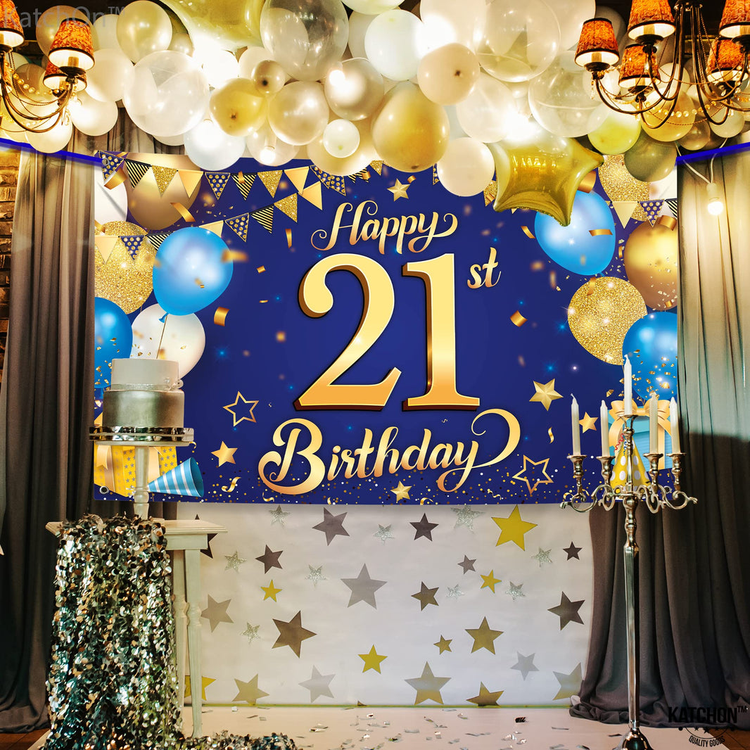 KatchOn, Blue and Gold Happy 21st Birthday Banner - XtraLarge, 72x44 Inch | Blue and Gold Backcrop Banner for 21st Happy Birthday Decorations  | 21 Party Decorations for Girl
