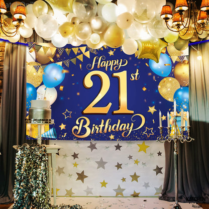 KatchOn, Blue and Gold Happy 21st Birthday Banner - XtraLarge, 72x44 Inch | Blue and Gold Backcrop Banner for 21st Happy Birthday Decorations  | 21 Party Decorations for Girl