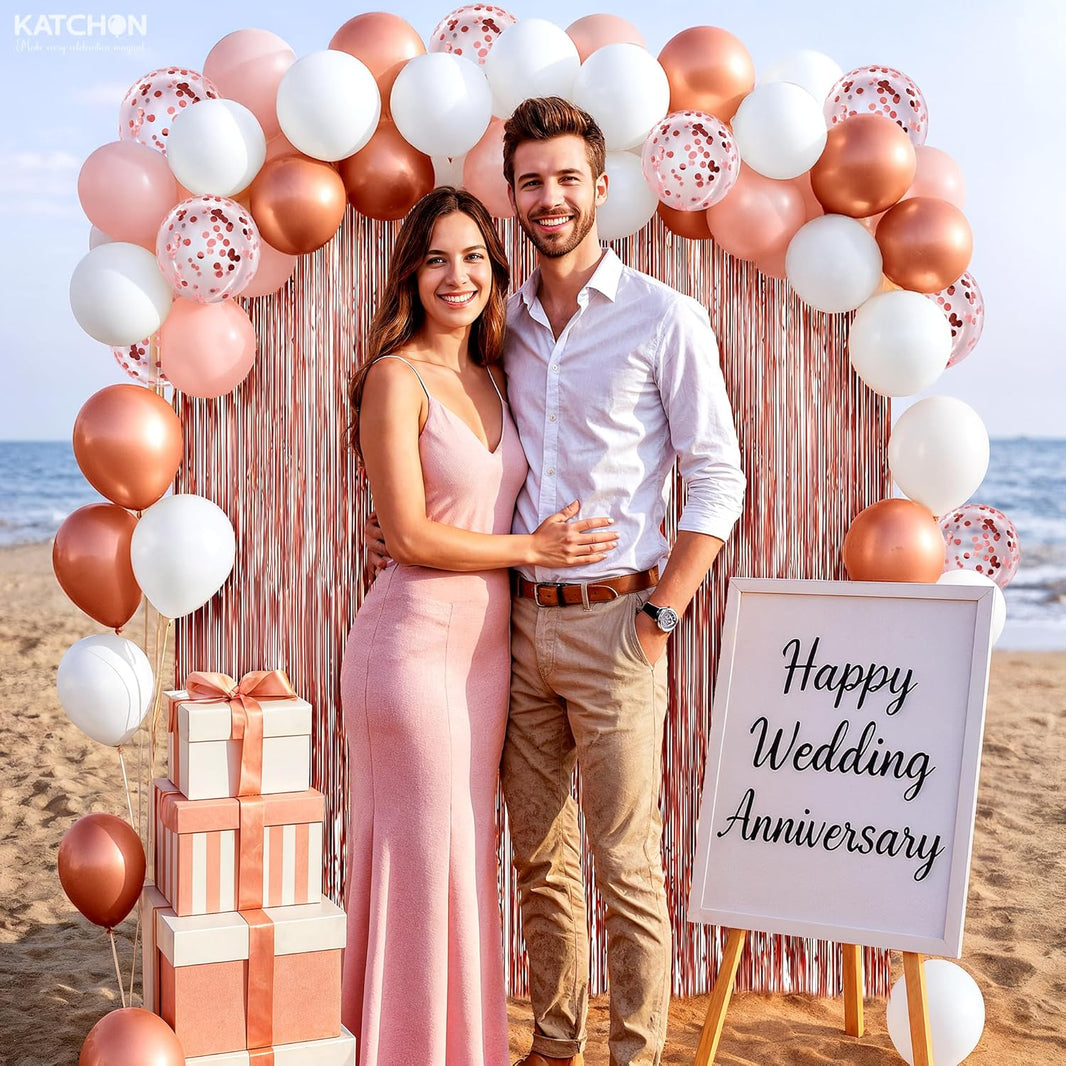 KatchOn, Rose Gold Party Decorations Set – Big, Pack of 52 | Rose Gold Fringe Backdrop with Latex & Confetti Balloons for Birthday, Wedding, Anniversary, Bridal Shower, Bachelorette Party Decorations