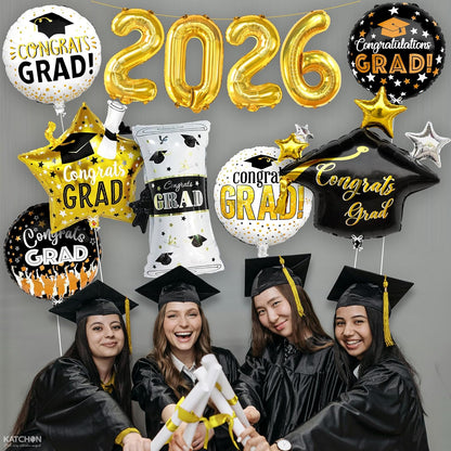 Graduation Decorations 2026 Graduation Balloons Set - Pack of 11 | Big, 28 Inch, Grad Cap Balloon | Gold 2026 Balloons, Class of 2026 Decorations | Congrats Grad Balloon | KatchOn