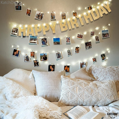 KatchOn, Light Up Happy Birthday Banner - 10 Feet, 8 Modes | Glitter Golden Birthday Party Decorations | Gold Birthday Decorations For Women, Men, Girls & Boys | Happy Birthday Light Up Sign