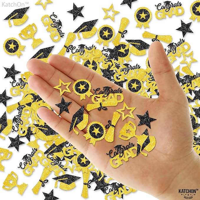 Graduation Decorations 2026 | Glitter, Black and Gold Graduation Confetti - Pack of 300 | Congrats Grad Confetti, Class of 2026 | Grad Hat, Star Confetti for Police Grad Decorations, KatchOn