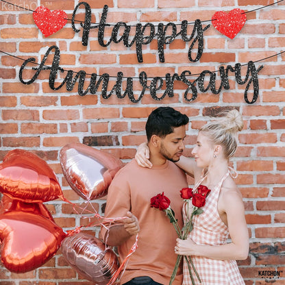 KatchOn, Happy Anniversary Banner Glitter Black - No DIY, 2 String, 10 Feet | Happy Anniversary Decorations for Party | Happy Anniversary Sign for Wedding Anniversary Decorations, Romantic Decorations