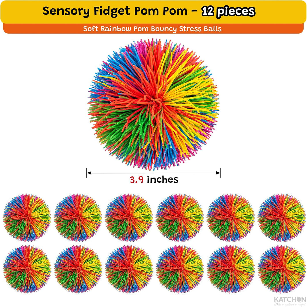 Pack of 12 Sensory Stringy Ball - 3.9 Inch Sensory Fidget Pom Pom Balls for Classroom Gifts, Soft Bouncy Stress Balls for Party Favors, String Balls Fidget Toys for Stress Relief Multicolor, KatchOn