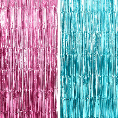 KatchOn, Large Pink and Blue Foil Fringe - 3.25x8 Feet, Pack of 2 | Girl or Boy Gender Reveal Decorations | Gender Reveal Backdrop | Gender Reveal Party Favors | Boy or Girl Backdrop