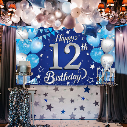 KatchOn, Blue Happy 12th Birthday Banner - 72x44 Inch, Big | Blue and Silver Happy Birthday Backdrop | Birthday Decorations for Men | Happy Bday Banner for 12th Birthday Party Decorations