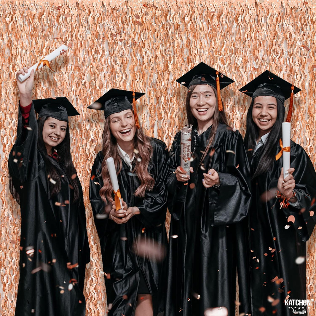 KatchOn, XtraLarge Wave Rose Gold Fringe Curtain - 6.4x8 Feet, Pack of 2 | Rose Gold Backdrop for Bachelorette Party Decorations | Rose Gold Streamers, Rose Gold Decorations | Rose Gold Party Supplies