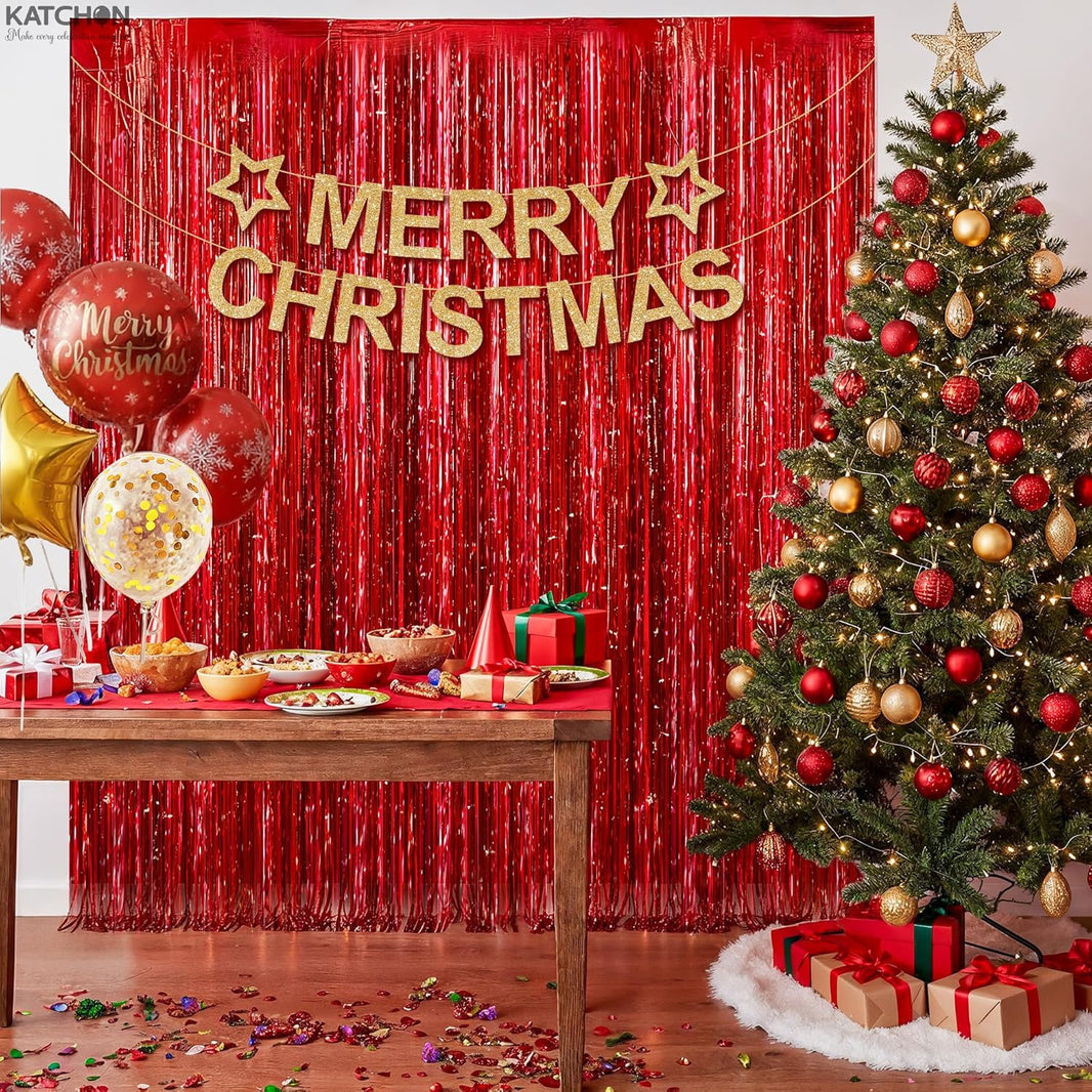 KatchOn, XtraLarge Red Streamers - 3.2x8 Feet, Pack of 2 | Red Backdrop for Merry Christmas Decorations | Fringe Backdrop for Carnival, Casino Theme Party Decoration | Valentines, New Year Decorations