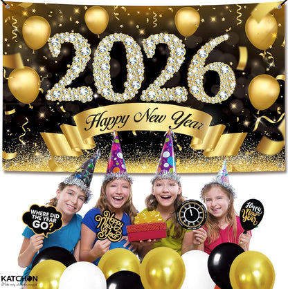 KatchOn, XtraLarge Happy New Year Banner 2026 - 72x44 Inch | New Year Backdrop for Happy New Years Decorations 2026 | Eve Banner 2026 | NYE Decorations 2026 | Indoor Outdoor Celebration Photography Background