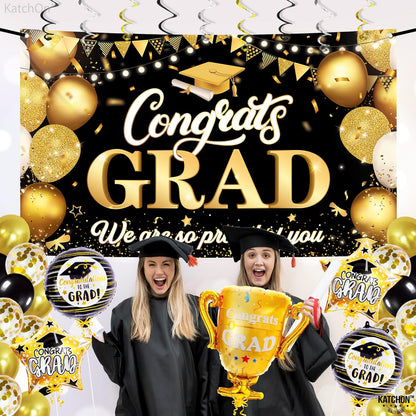 KatchOn, Graduation Decorations 2026 Set - Large, Pack of 49 | Black and Gold Congrats Grad Banner, Graduation Balloons | Graduation Backdrop, Black and Gold 2026 Graduation Decorations
