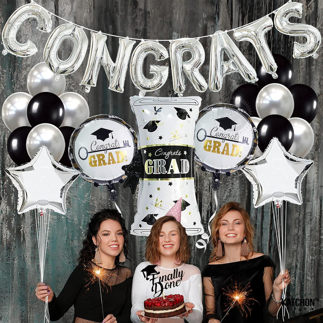 KatchOn, Silver Congrats Balloons Set - Big 28 Inch, Pack of 27 | Black and Silver Graduation Decorations 2026 | Congratulations Balloons, Graduation Decorations Class of 2026