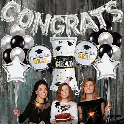 KatchOn, Silver Congrats Balloons Set - Big 28 Inch, Pack of 27 | Black and Silver Graduation Decorations 2026 | Congratulations Balloons, Graduation Decorations Class of 2026
